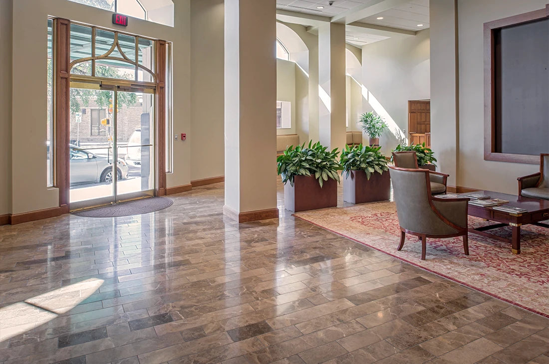 Office building entryway with Cafe Noir rectangle tiles